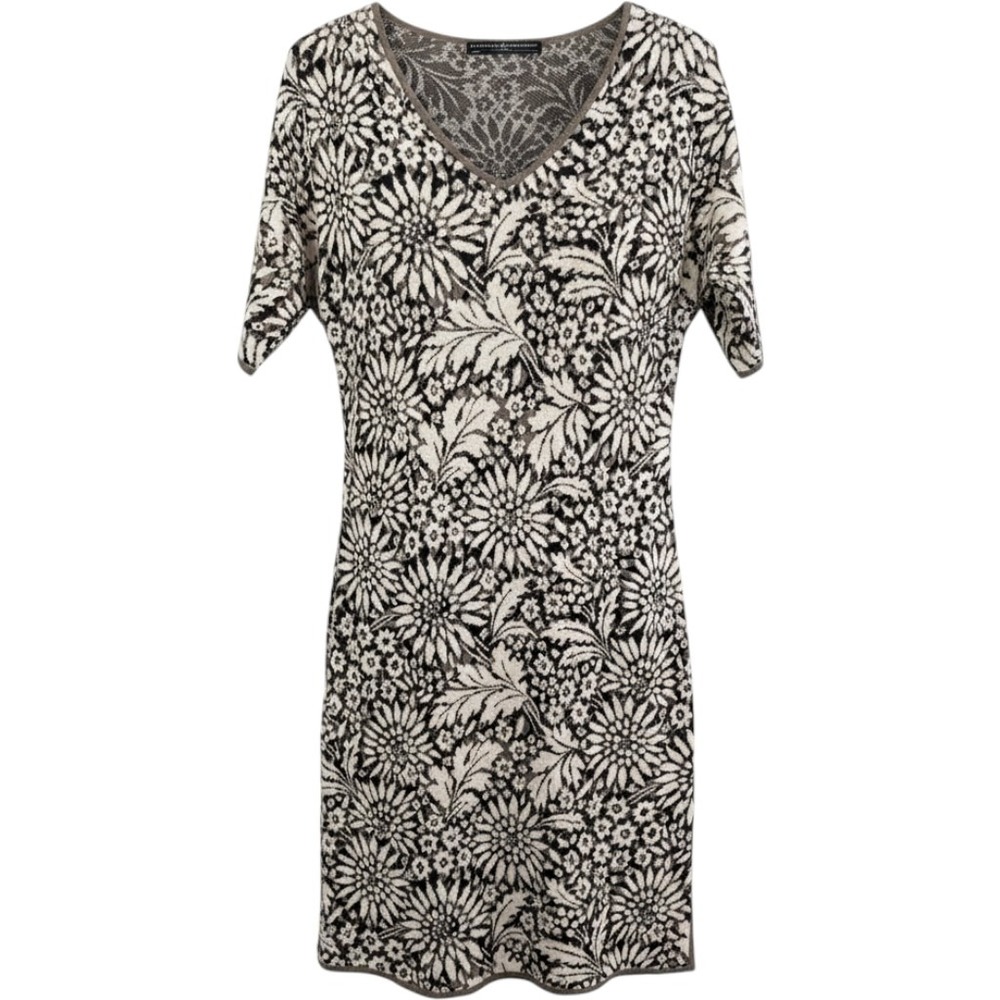 Peruvian Connection Dress XS Black Gray Pima Cotton Knit Floral Short Sleeve